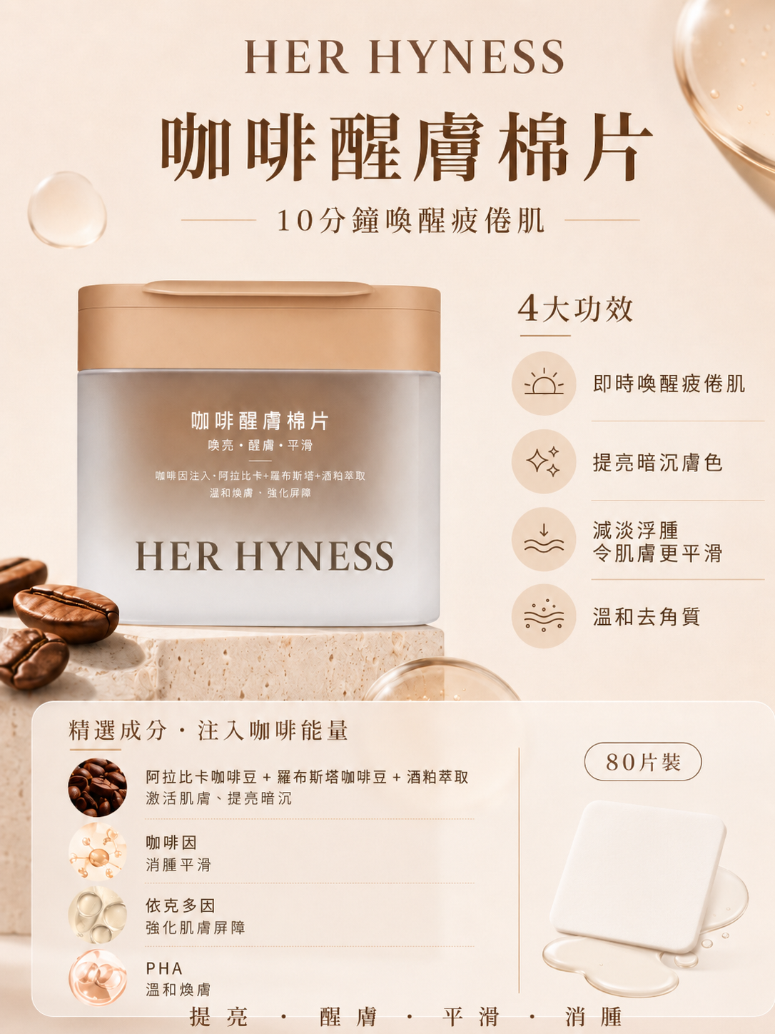 6.6限時特價|Her Hyness 3色急救 Matrixyl™ 3000 強效勝肽 緊緻肌膚護膚棉系列|屏障修護・緊緻提升・咖啡醒膚